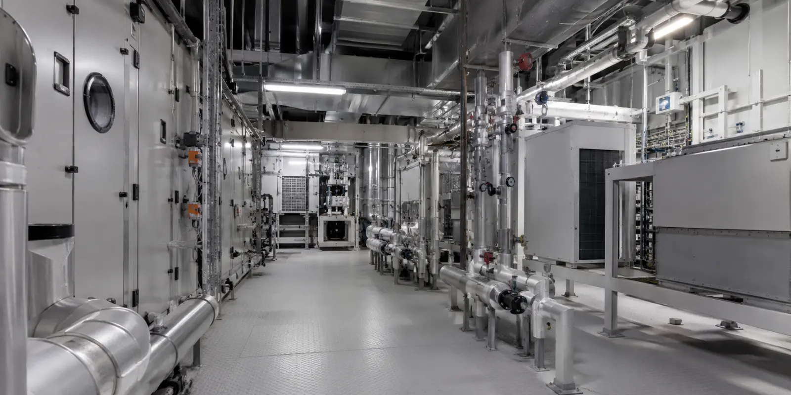 Sala técnica HVAC com equipamentos industriais